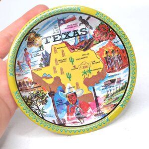 Vintage Ken Haag Texas Tin Metal Tray Trinket Dish Souvenir Retro Cowboy Alamo